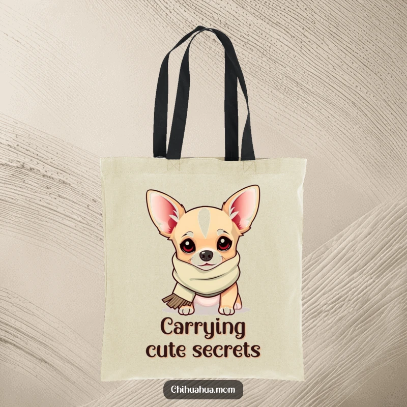 Funny Tote Bag: a chihuahua wearing a silly scarf peeks out, offering a charming and humorous accessory for daily use.