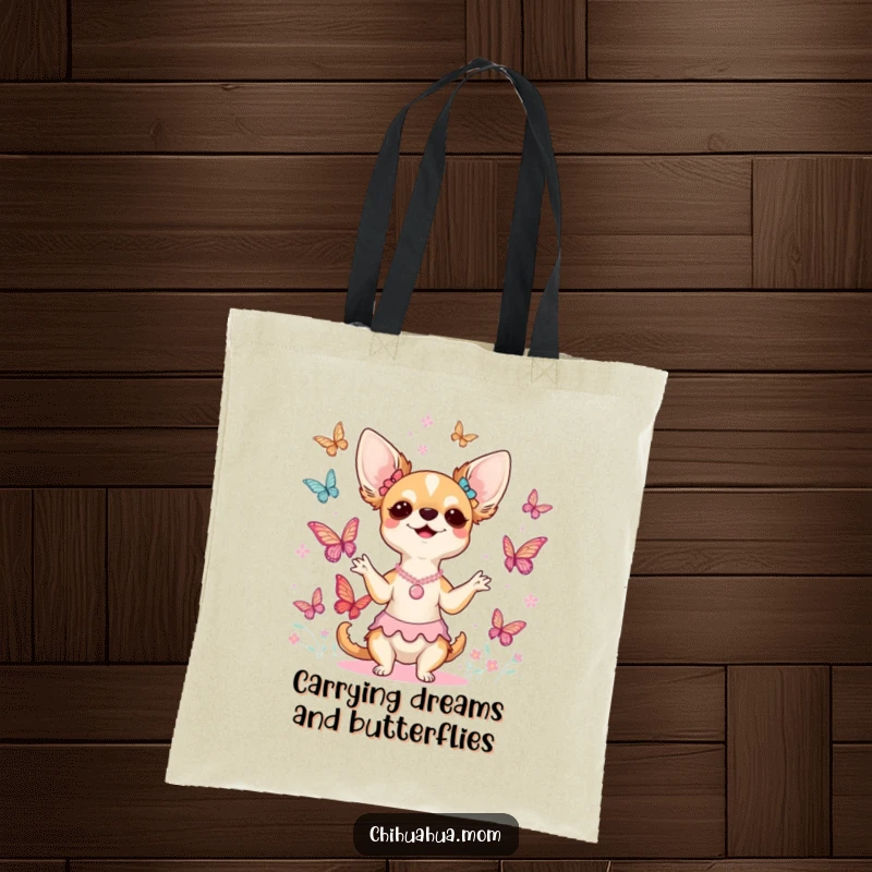 Funny chihuahua lady tote bag showing her joyfully conducting a sweet choir of butterflies with musical flair and a happy demeanor.