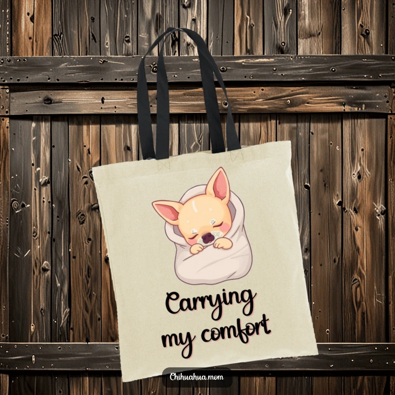Funny tote bag featuring a chihuahua wrapped in a tiny blanket, fast asleep, perfect for carrying daily items.