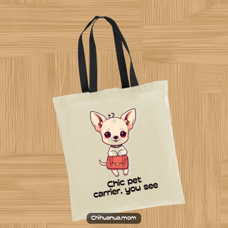 Funny Kawaii chihuahua lady tote bag featuring a character riding in a handbag, great for shoppers.