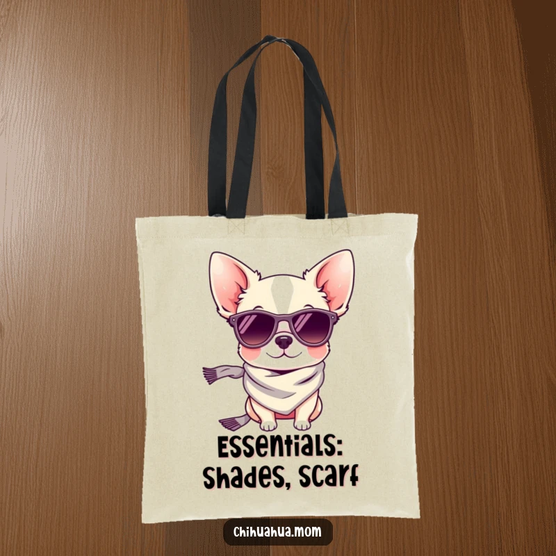 Funny tote bag: a small chihuahua dog wearing cool sunglasses and a stylish scarf.
