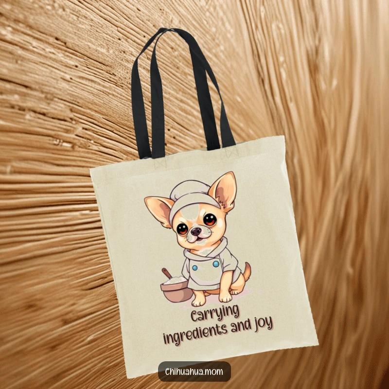 Funny Baker Chihuahua Tote Bag featuring a flour-covered chihuahua in a chef's hat, ready to carry all your baking supplies humorously.