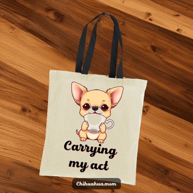 Funny playful chihuahua balancing a teacup on its nose on a tote bag, a humorous carry-all.