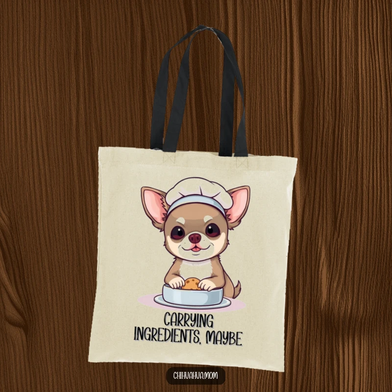 Funny Chef Chihuahua Tote Bag: A dog in a chef hat bakes a cookie. Stylish and humorous.
