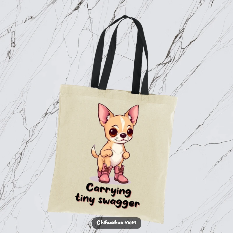 Funny tote bag showcasing a chihuahua wearing tiny boots, prancing proudly, perfect for carrying daily items with a touch of canine charm.