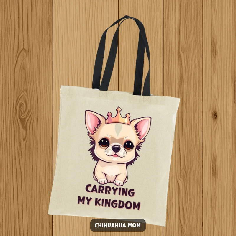 Funny Chihuahua tote bag with a small chihuahua proudly wearing a tiny crown, exuding an air of regal authority.