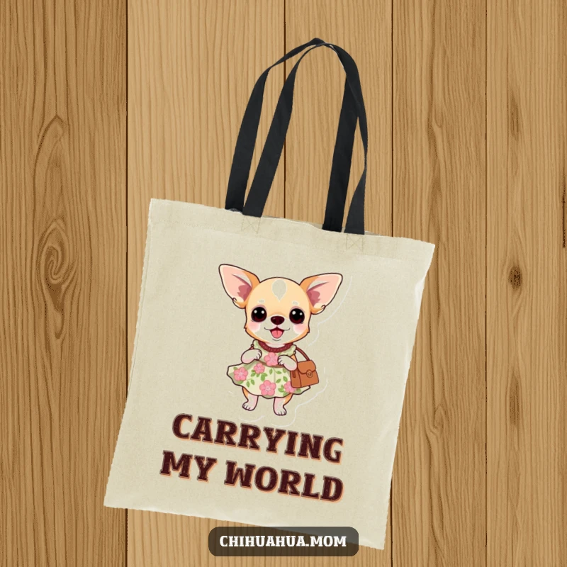 Funny tote bag: a chihuahua dog wearing a floral dress and carrying a purse.