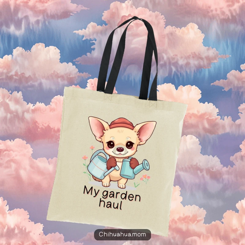 Funny Chihuahua Gardener Tote Bag: A chihuahua wears oversized gloves and holds a tiny watering can, for gardening, tote.