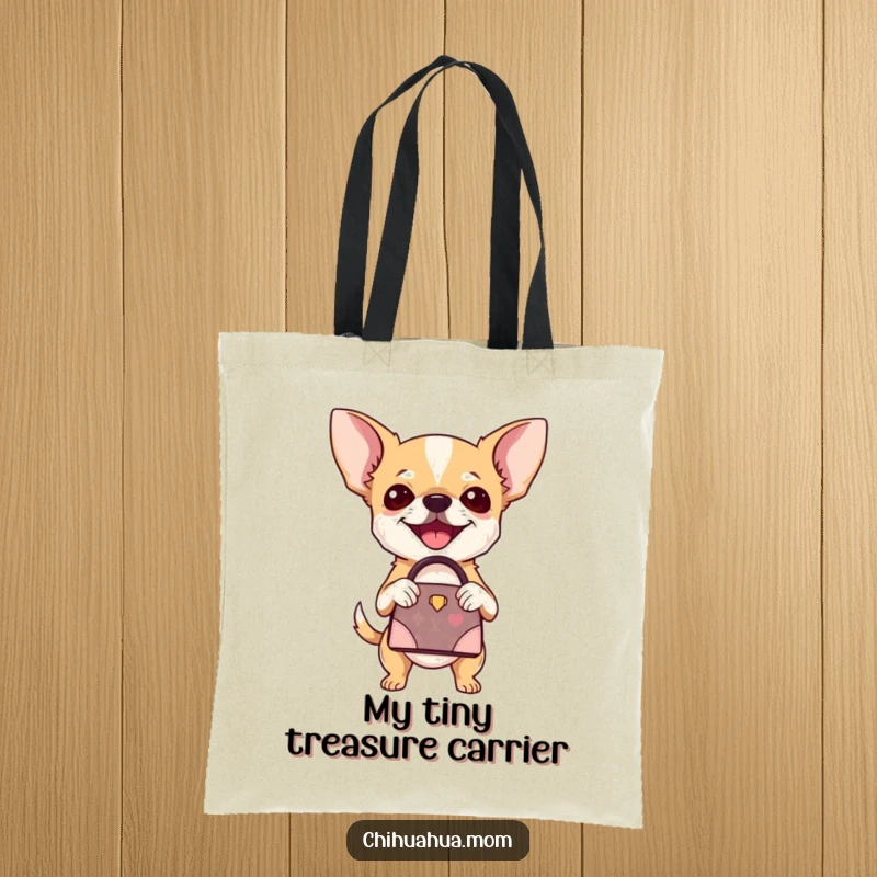Funny Chihuahua Tote Bag: A chihuahua joyfully carries a miniature designer handbag, embodying chic style. A perfect funny gift.