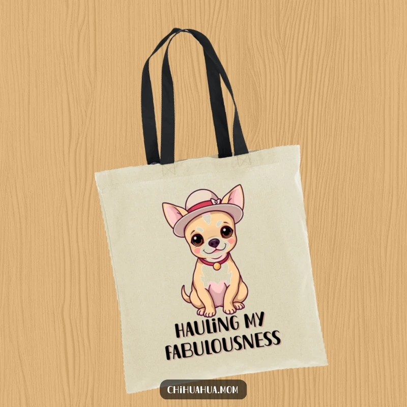 Funny tote bag illustrating a chihuahua wearing an elegant hat and posing proudly, a chic accessory.