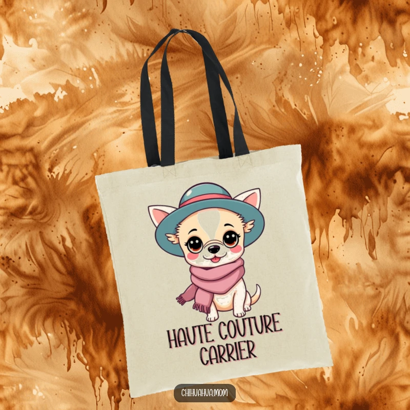 Funny Chihuahua Lady Tote Bag: Kawaii character accessorized with a fashionable hat and scarf. Stylish funny gift for every day.