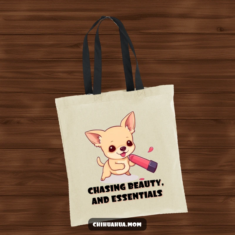 Funny tote bag illustrating a chihuahua chasing a rolling lipstick with great determination and humor.