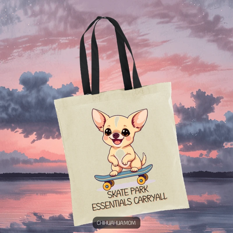 Funny Chihuahua Skateboarder Tote Bag with a chihuahua riding a skateboard, a practical and humorous accessory.