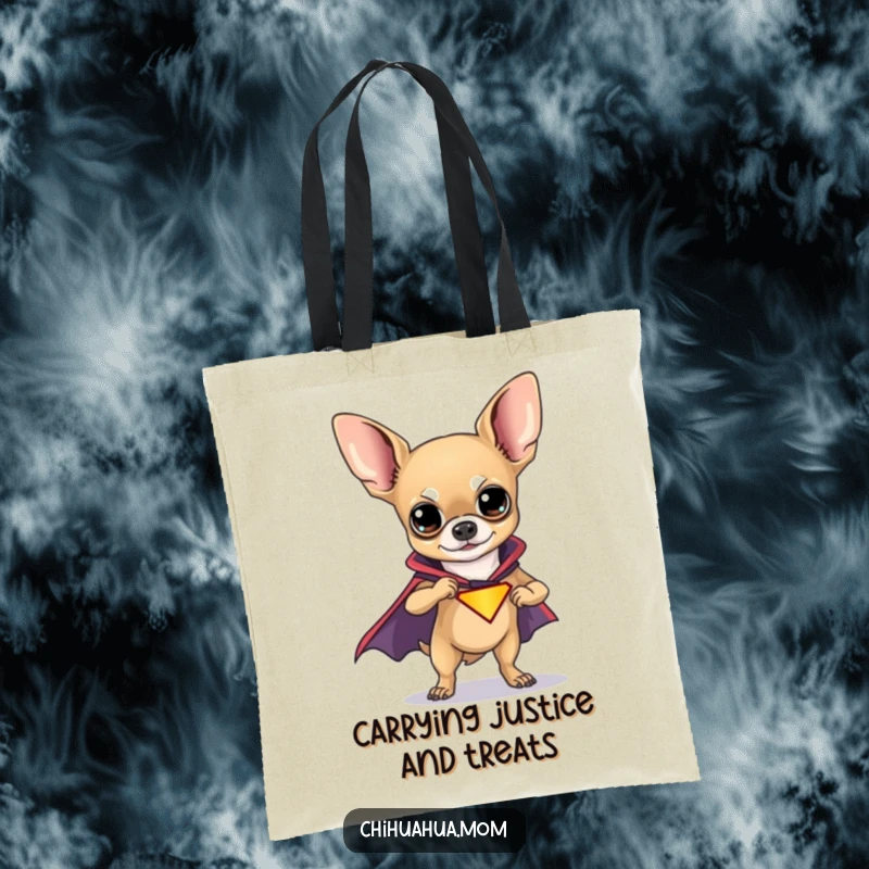 Funny Chihuahua Superhero Tote Bag showing a determined chihuahua in a cape, ready to carry anything with funny heroic strength.