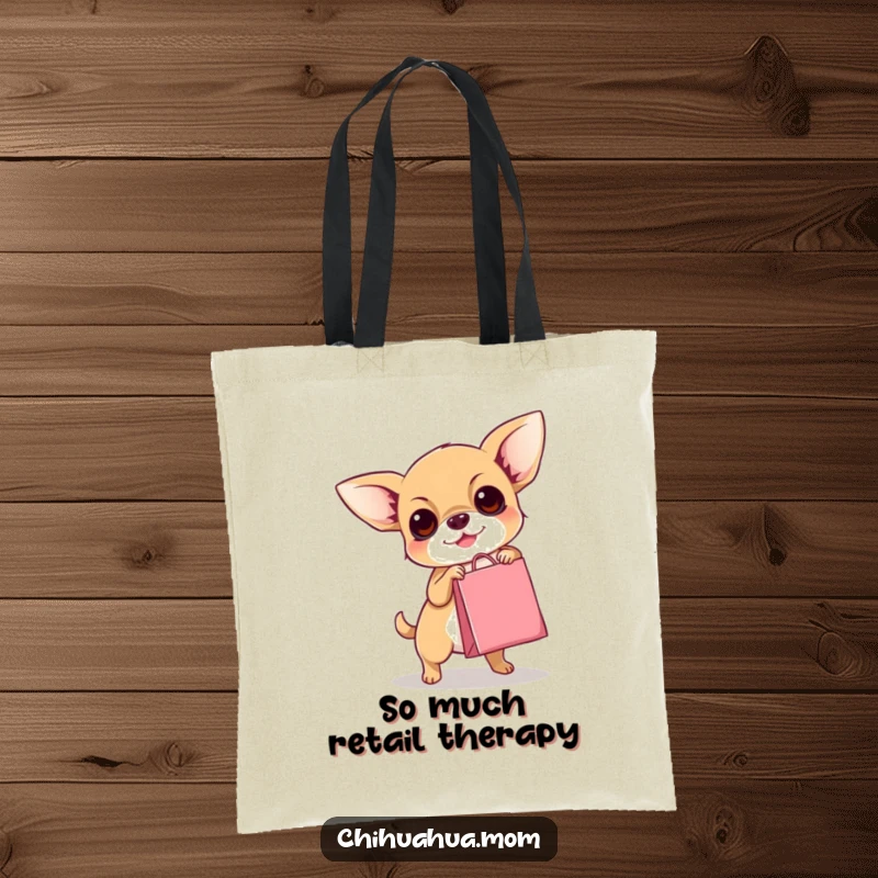 Funny Chihuahua Tote Bag: A determined little dog hilariously attempts to carry a comically tiny shopping bag, full of shopping dreams.