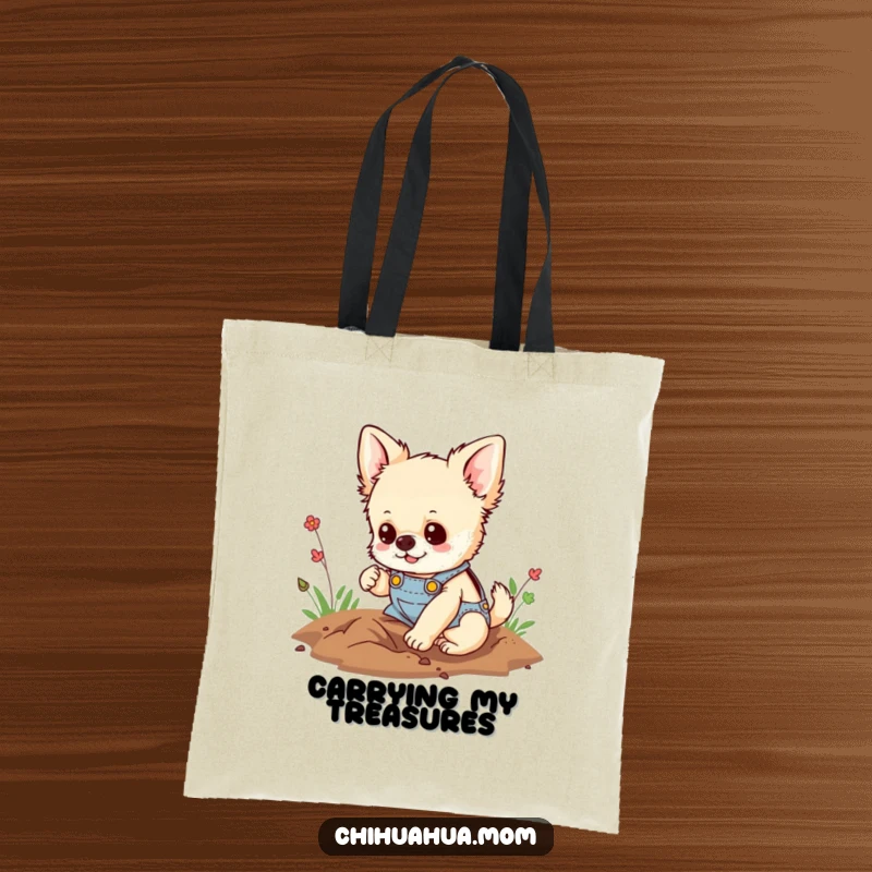 Funny tote bag with a chihuahua in tiny overalls, happily digging a hole, perfect for carrying items and showing off a playful spirit.