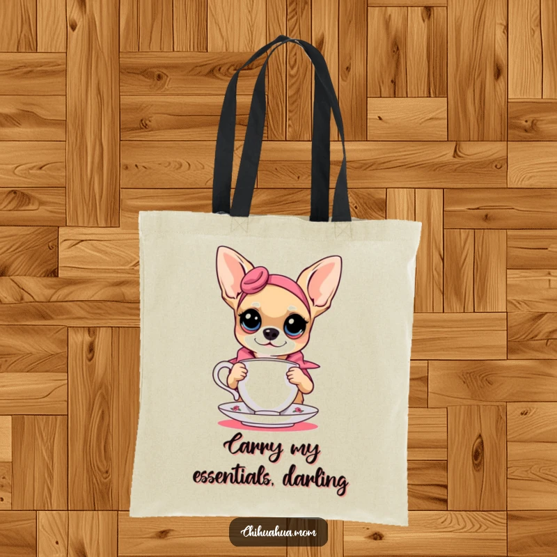 Funny chihuahua model with a teacup, a chic and humorous design on a versatile tote bag.