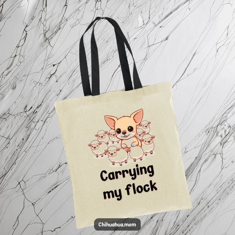 Funny determined chihuahua herding tiny sheep on a tote bag, a humorous way to carry belongings.