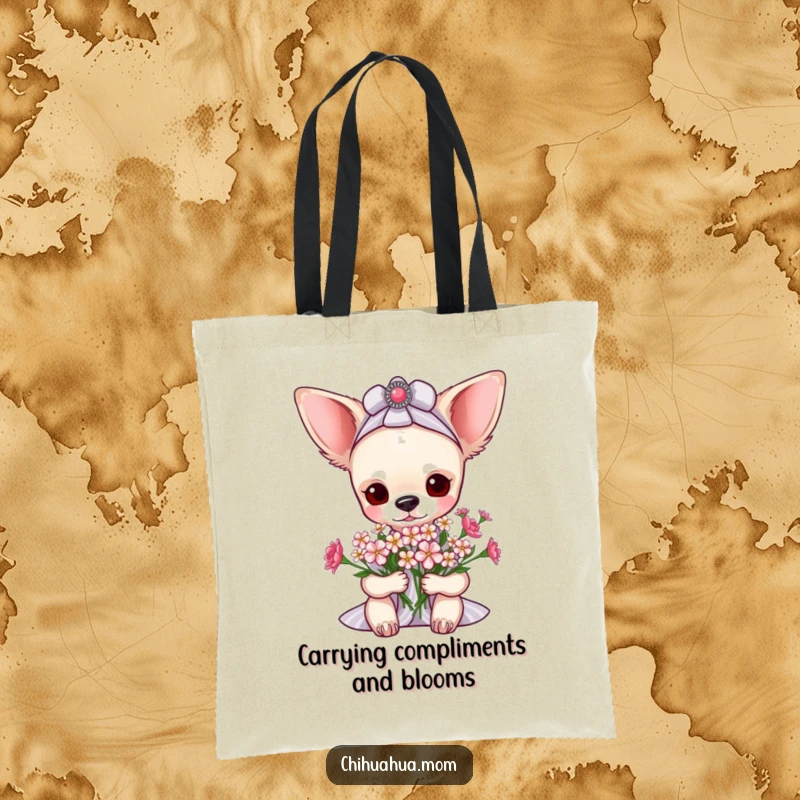 Funny pampered chihuahua lady tote bag showing her delight in receiving a bouquet of tiny flowers, perfect for stylish carrying.