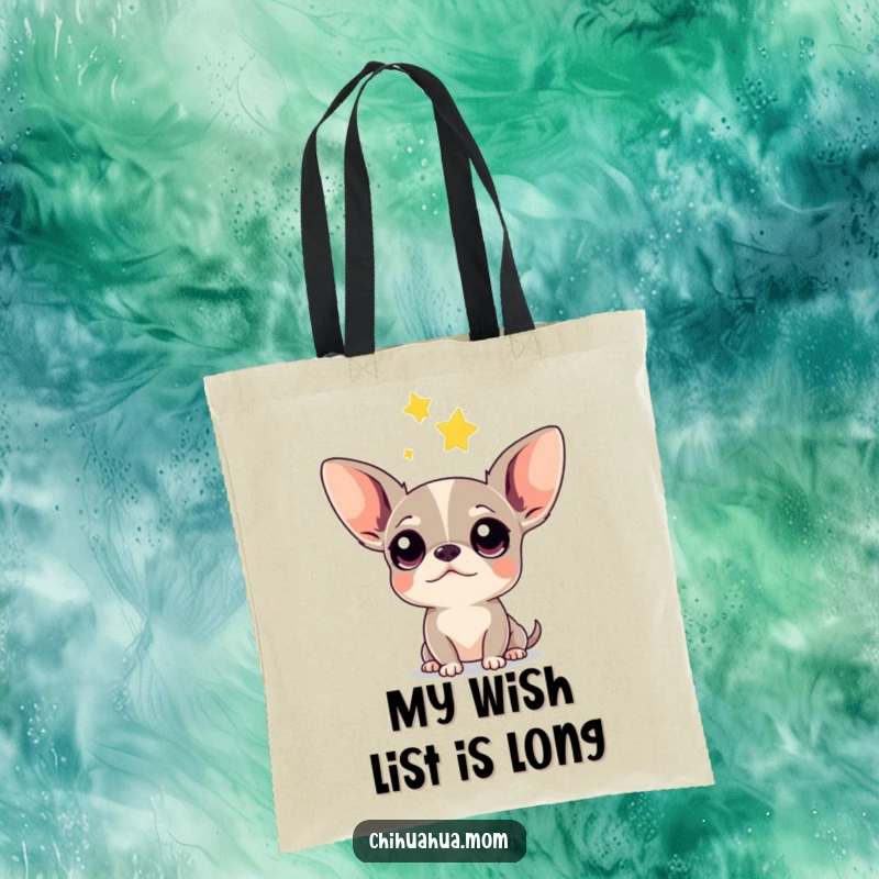 Funny Chihuahua Tote Bag: A charming tote showcasing a chihuahua with big, curious eyes watching a sparkling falling star.