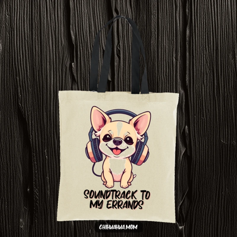 Funny Tote Bag: a chihuahua wearing large headphones gleefully, ready to carry music and humor everywhere.