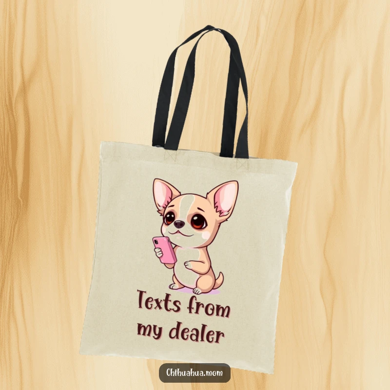 Funny Chihuahua Tote Bag: A surprised chihuahua holding a tiny smartphone, looking wide-eyed as if it just received unbelievable news.